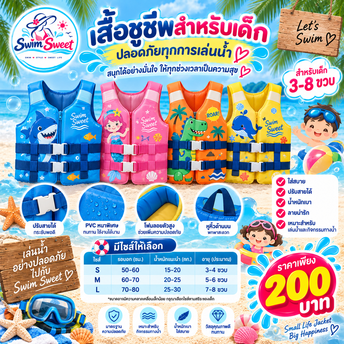 เสื้อชูชีพสำหรับเด็ก ปรับสายได้ PVC หนาพิเศษ สำหรับเด็ก 3-8 ขวบ